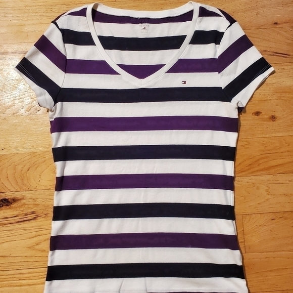 𝅺TOMMY Hilfiger Essential Black Purple White Striped Short Sleeve Shirt Large - Picture 1 of 5